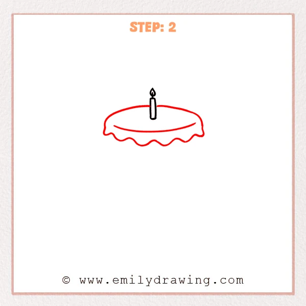 how to draw a cartoon cake - The cartoon cake now shows a rounded top with dripping frosting beneath the candle.